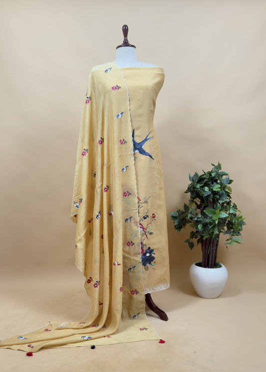Yellow Pure Mul Cotton Chidiya Embroidered Suit With Dupatta