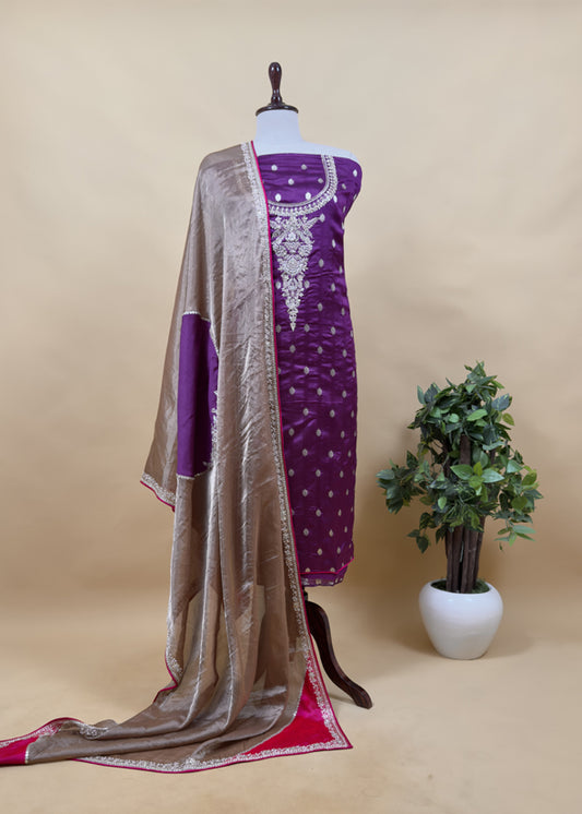 Luxe Violet Golden Handloom Silk Suit Fabric With Dabka, Dori And Gotapatti Hand Work