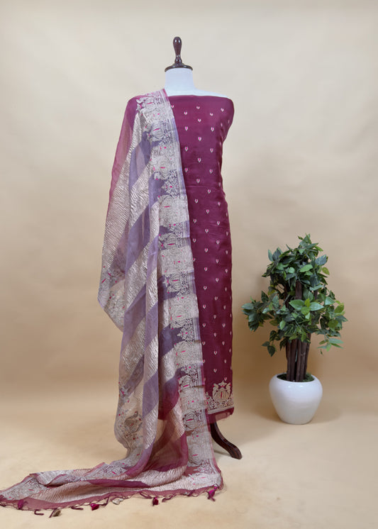 Royal Maroon Tyohar luxe Mor Pure Kora Silk Kurta with Double Panel Crushed Tissue Dupatta