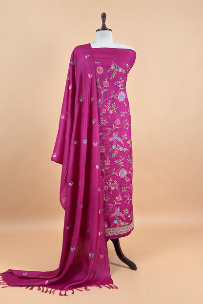 Pink Handloom Tussar Suit With Thread Embroidery