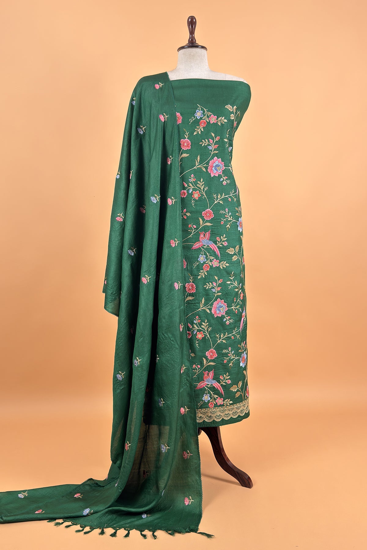 Green Handloom Tussar Suit With Thread Embroidery