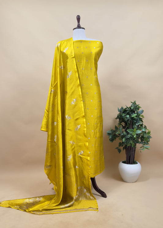 Golden Yellow Chidiya Handloom Katan Silk Suit Fabric