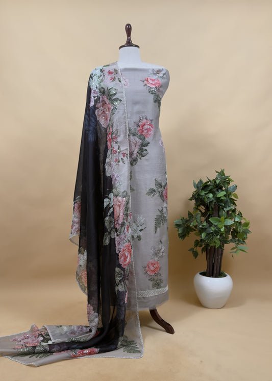 Floral Paradise Cheeku Charcoal Floral Sequin Suit In Pure Kora Silk Fabric