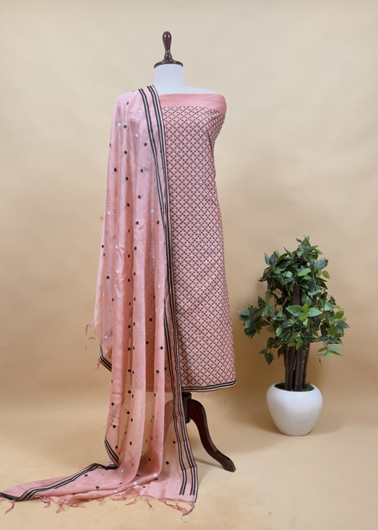 Peach Cross Stitch Handloom Chanderi Suit Fabric