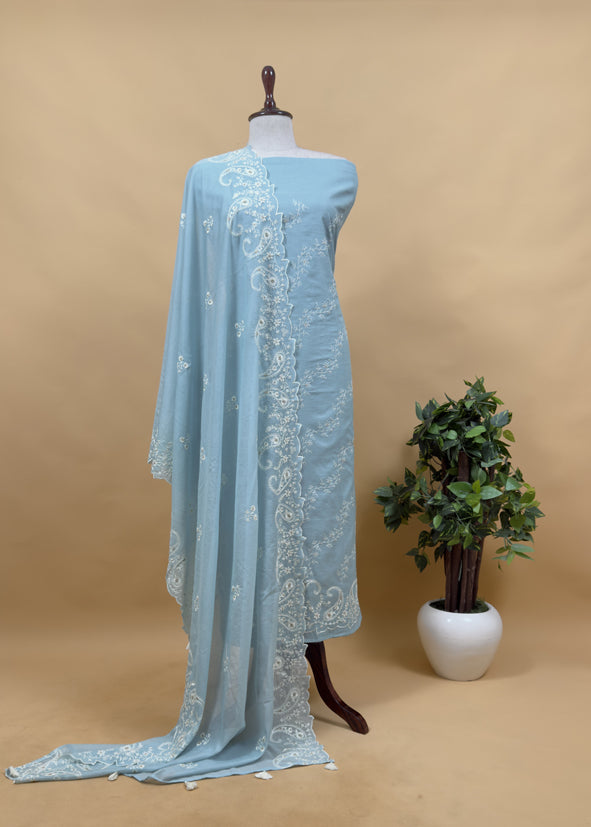Light Blue Paisley Pure Mulmul Suit With Resham Embroidery