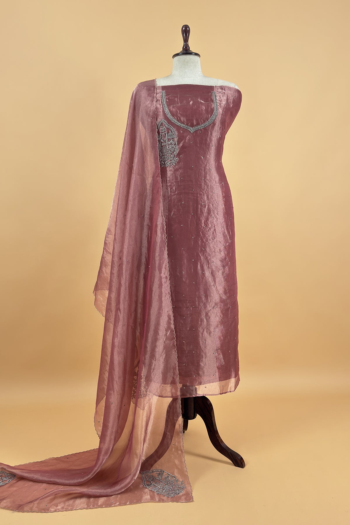 Dusty Rose Pink Tissue Silk With Hand Embroidery