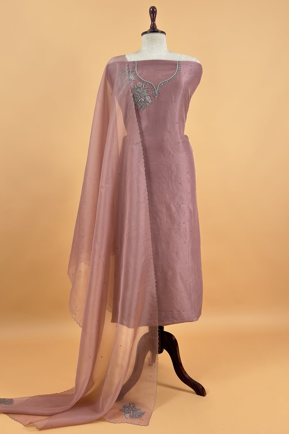 Mauve Pink Pure Kora Silk Suit With Hand Embroidery