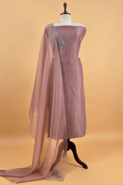 Mauve Pink Pure Kora Silk Suit With Hand Embroidery