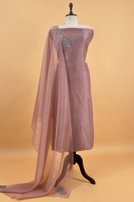 Mauve Pink Pure Kora Silk Suit With Hand Embroidery