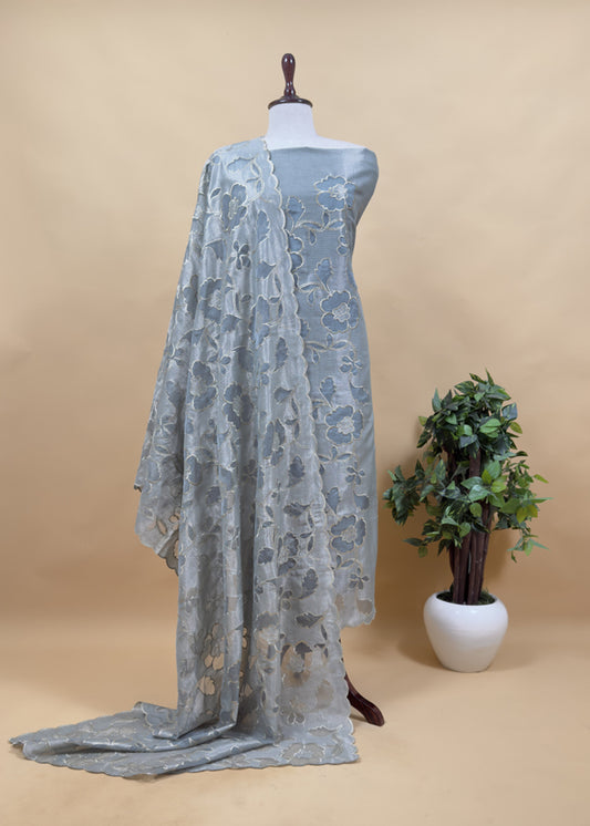 Grey Cutwork Tissue Silk Suit With Dupatta