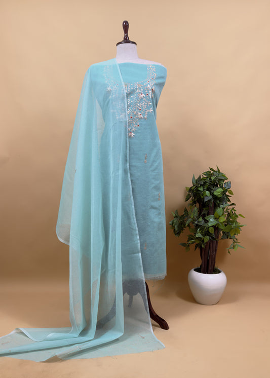 Sky Blue Kota Doria Dupatta Suit With Pitta Work