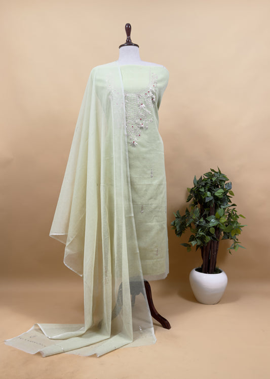 Pastel Green Kota Doria Dupatta Suit with Pitta Work