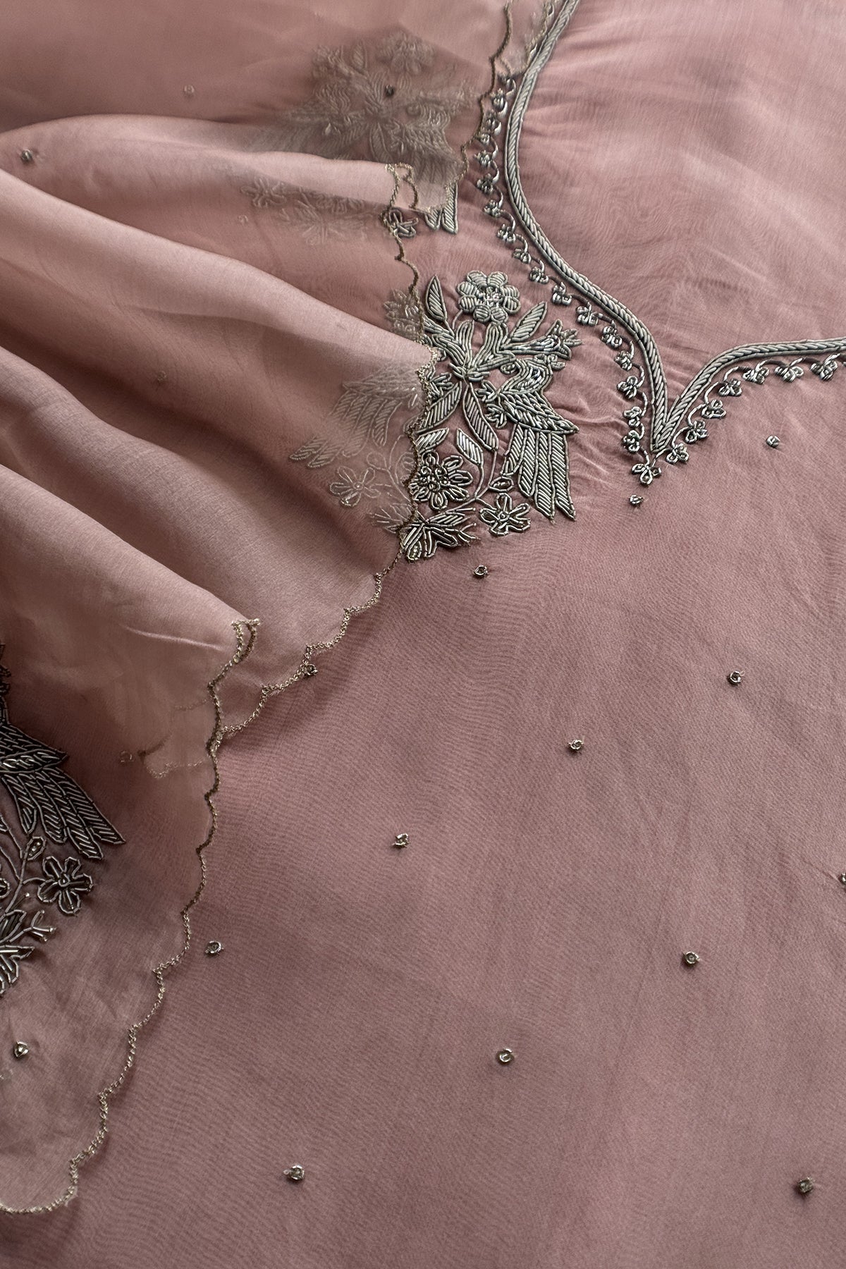 Mauve Pink Pure Kora Silk Suit With Hand Embroidery
