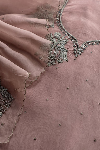 Mauve Pink Pure Kora Silk Suit With Hand Embroidery