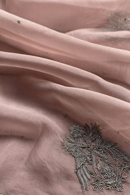 Mauve Pink Pure Kora Silk Suit With Hand Embroidery