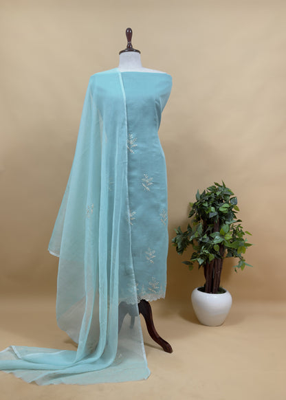 Cornflower Blue Kota Doria Dupatta Suit With Pitta Work