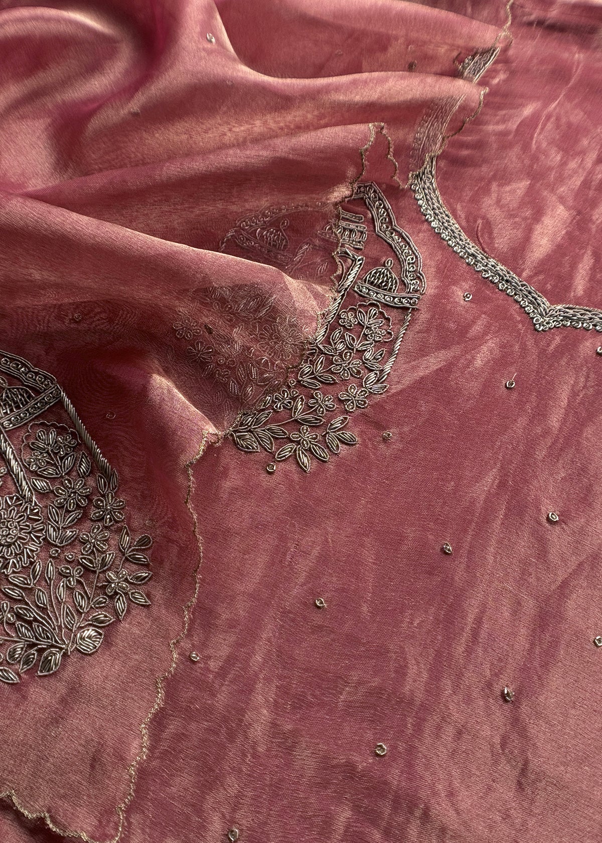 premium tissue silk suit with dabka and zardosi handwork

