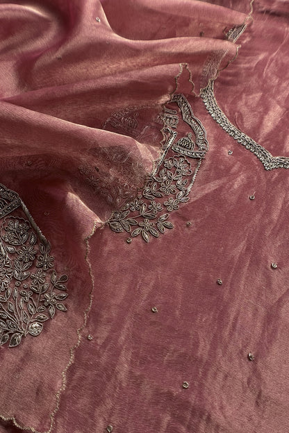 Dusty Rose Pink Tissue Silk With Hand Embroidery
