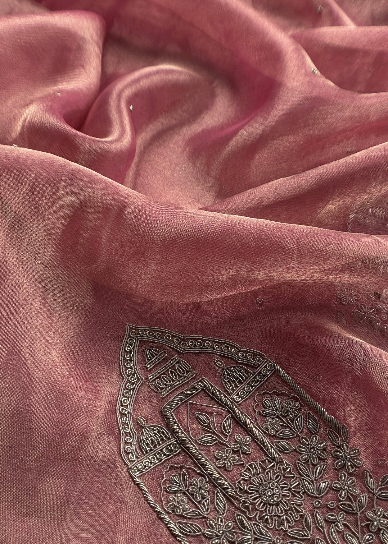 Dusty Rose Pink Tissue Silk With Hand Embroidery