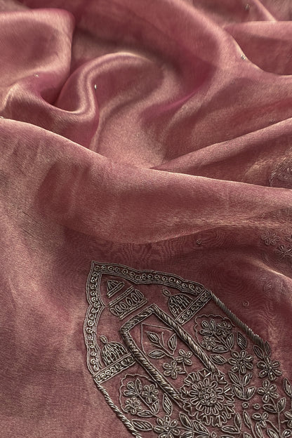 Dusty Rose Pink Tissue Silk With Hand Embroidery