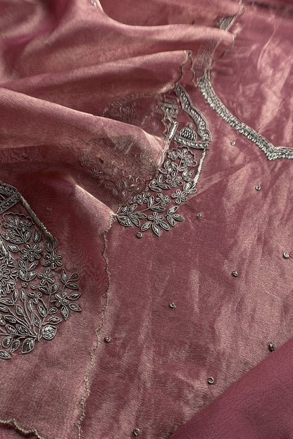 Dusty Rose Pink Tissue Silk With Hand Embroidery
