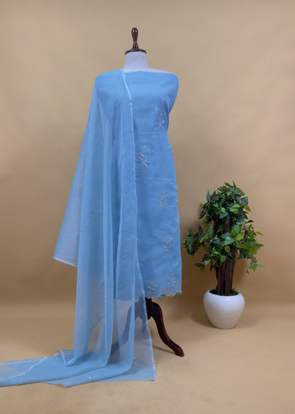 Cornflower Blue Kota Doria Dupatta Suit With Pitta Work