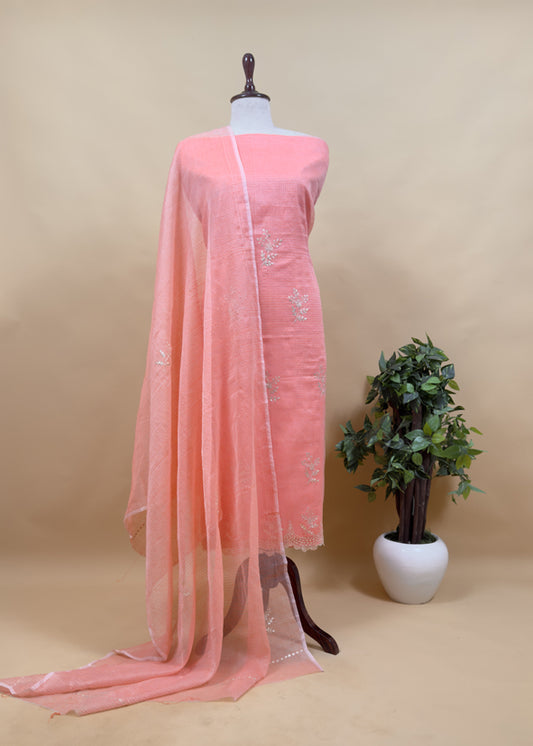 Peach Kota Doria Dupatta Suit with Pitta Work