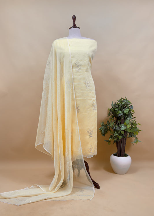 Yellow Kota Doria Dupatta Suit with Pitta Work
