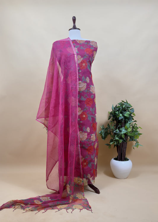 Pink Kota Doria Suit Fabric With Floral Digital Print