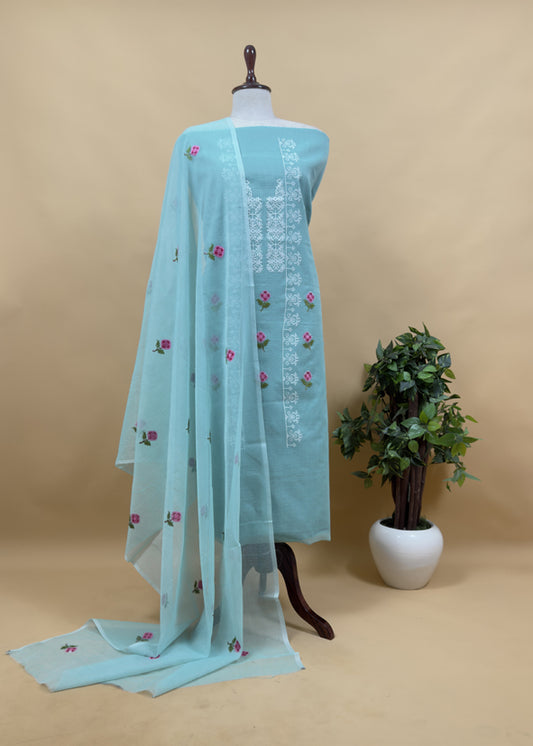 Sky Blue Pure Kota Suit Fabric with Cross Stitch Embroidery