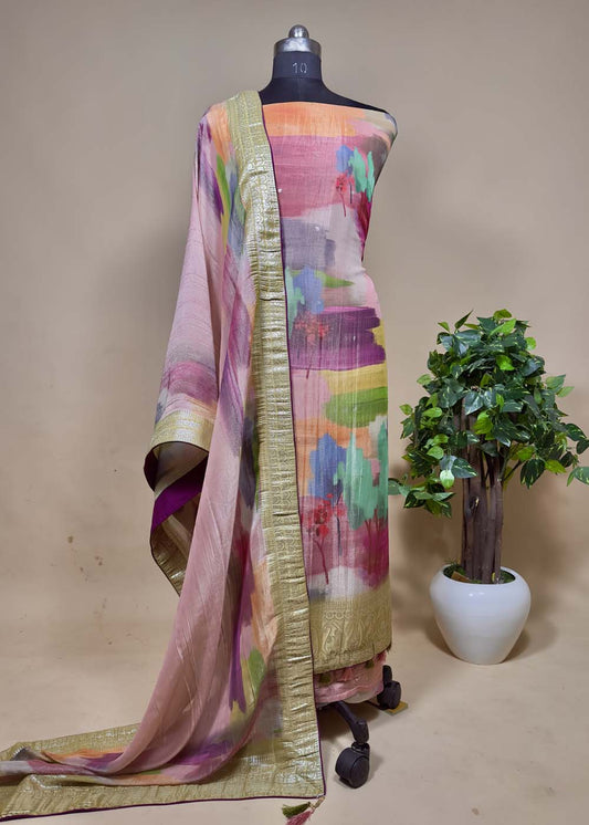 Pink With Multi Colour Digital Print Tissue Silk Suit