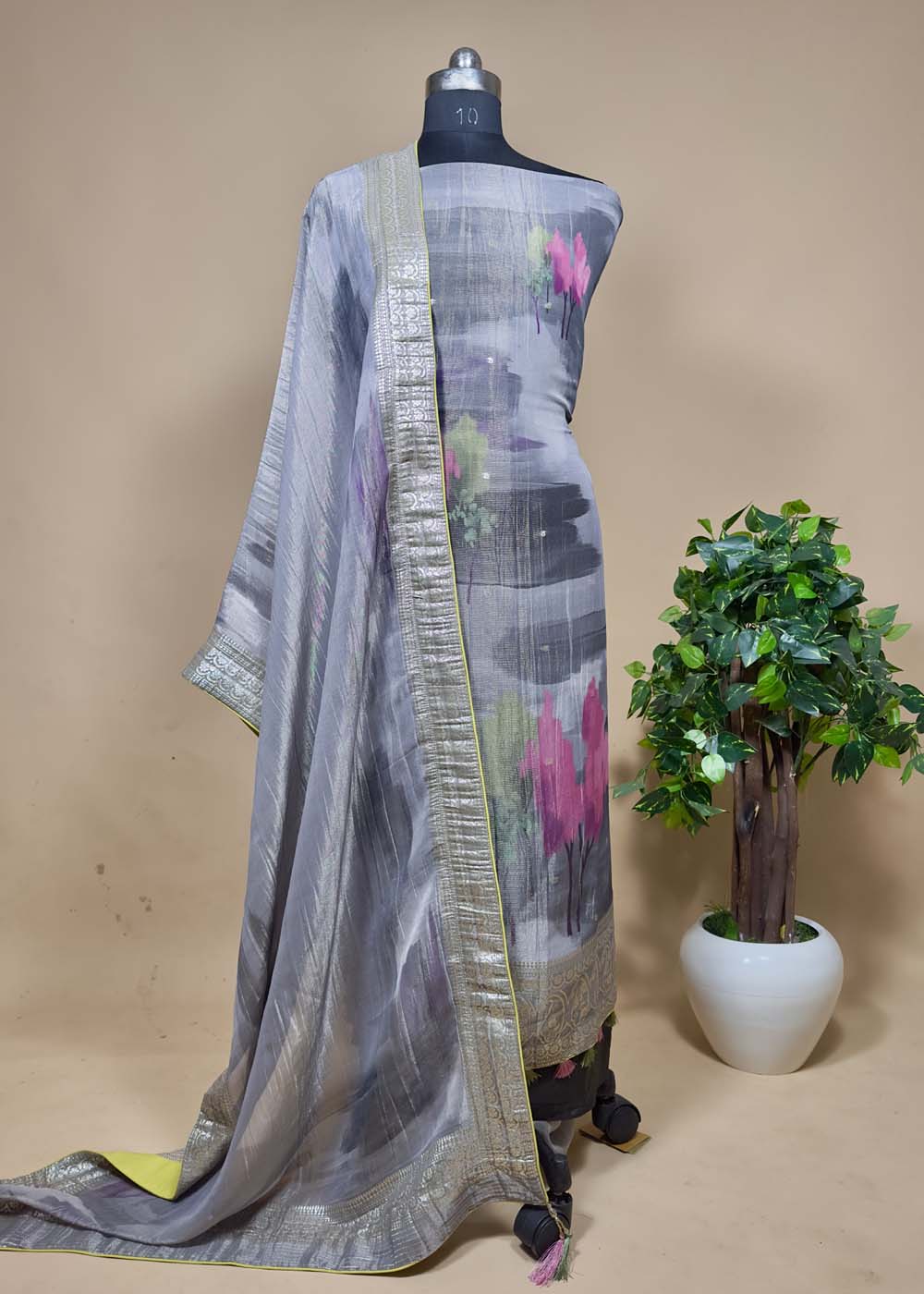 Grey With Multi Colour Digital Print Tissue Silk Suit
