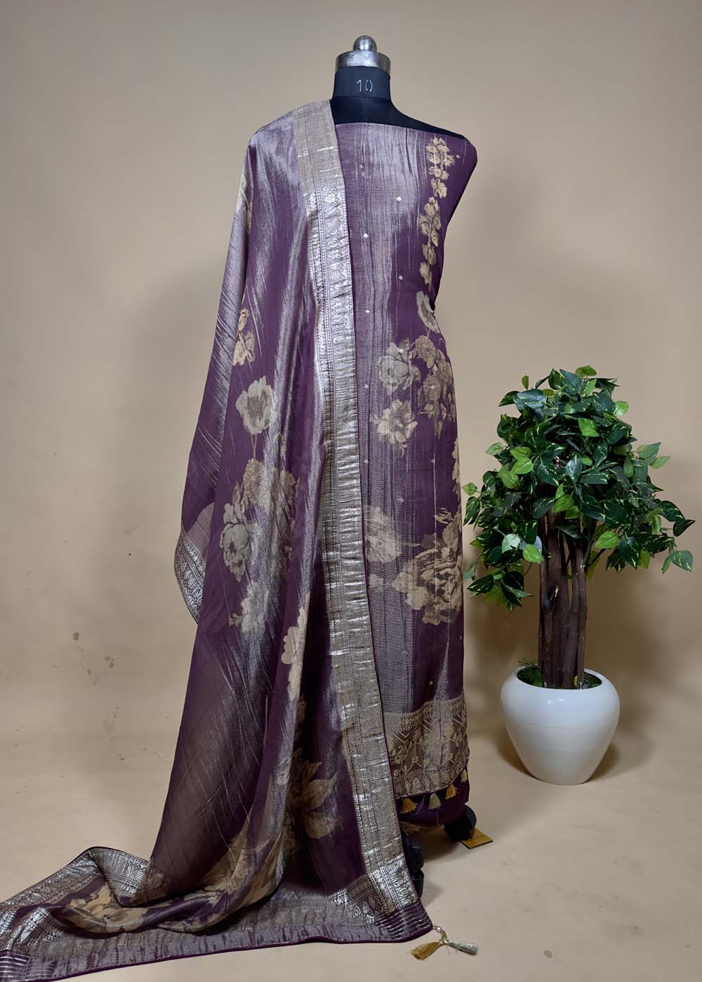Mettalic Wine Digital Print Tissue Silk Suit