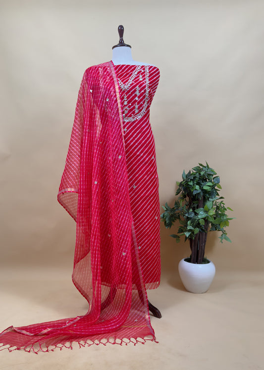 Red Pure Kota Doria Silk Dupatta Suit With Gotta Patti Work