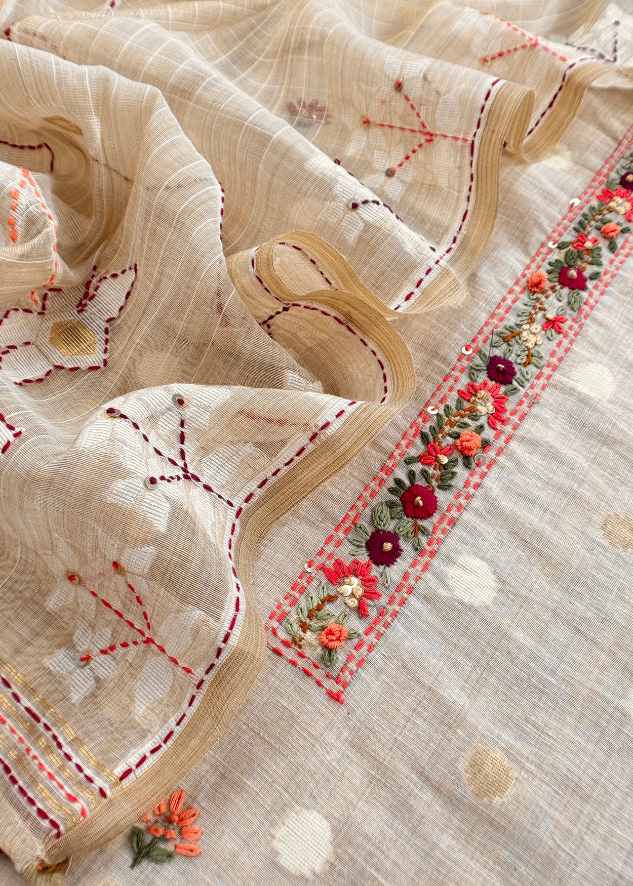 Light Fawn Linen Chanderi Unstitched Suit With French Knot And Kantha Hand Embroidery