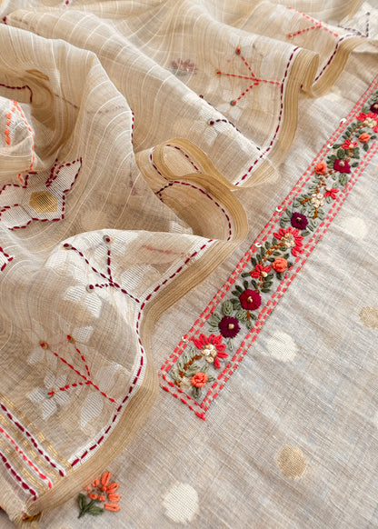 Light Fawn Linen Chanderi Unstitched Suit With French Knot And Kantha Hand Embroidery