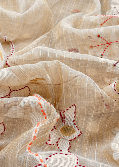 Light Fawn Linen Chanderi Unstitched Suit With French Knot And Kantha Hand Embroidery
