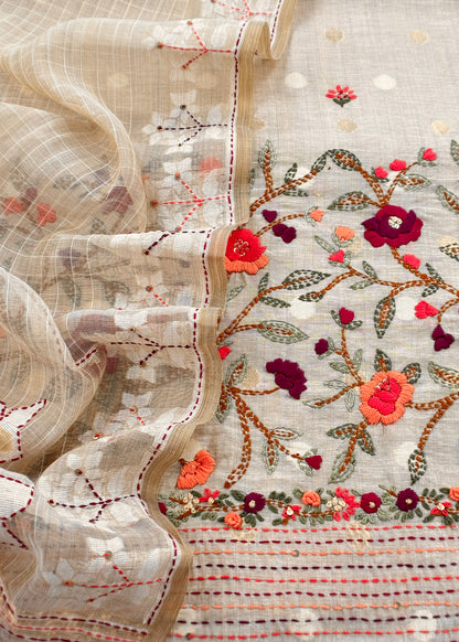 Light Fawn Linen Chanderi Unstitched Suit With French Knot And Kantha Hand Embroidery