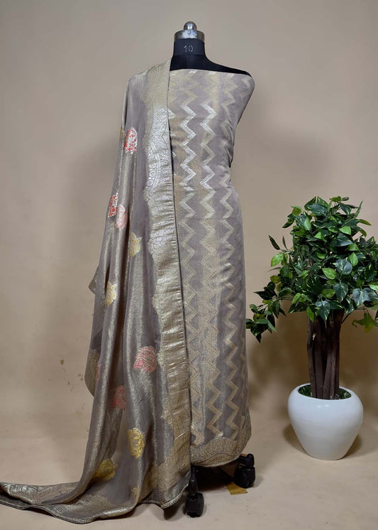 Mouse Tissue Silk Suit In  Meenakari Zari Work