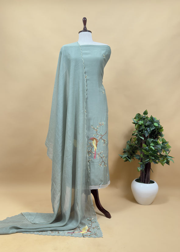 Sage Green Pure Mulmul Suit Fabric with Chidiya Bharwa Embroidery