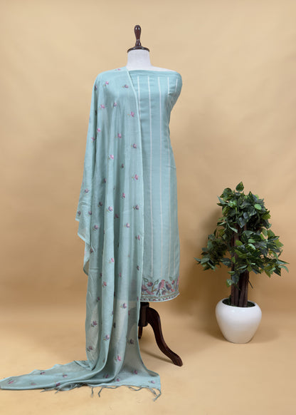 English Green Chanderi Unstitched Suit With Dupatta