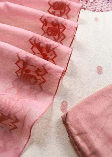 Pink Linen Unstitched Suit With Jamdani Weaves