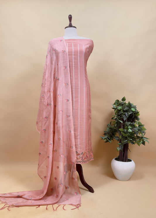 Peach Chanderi Unstitched Suit With Dupatta
