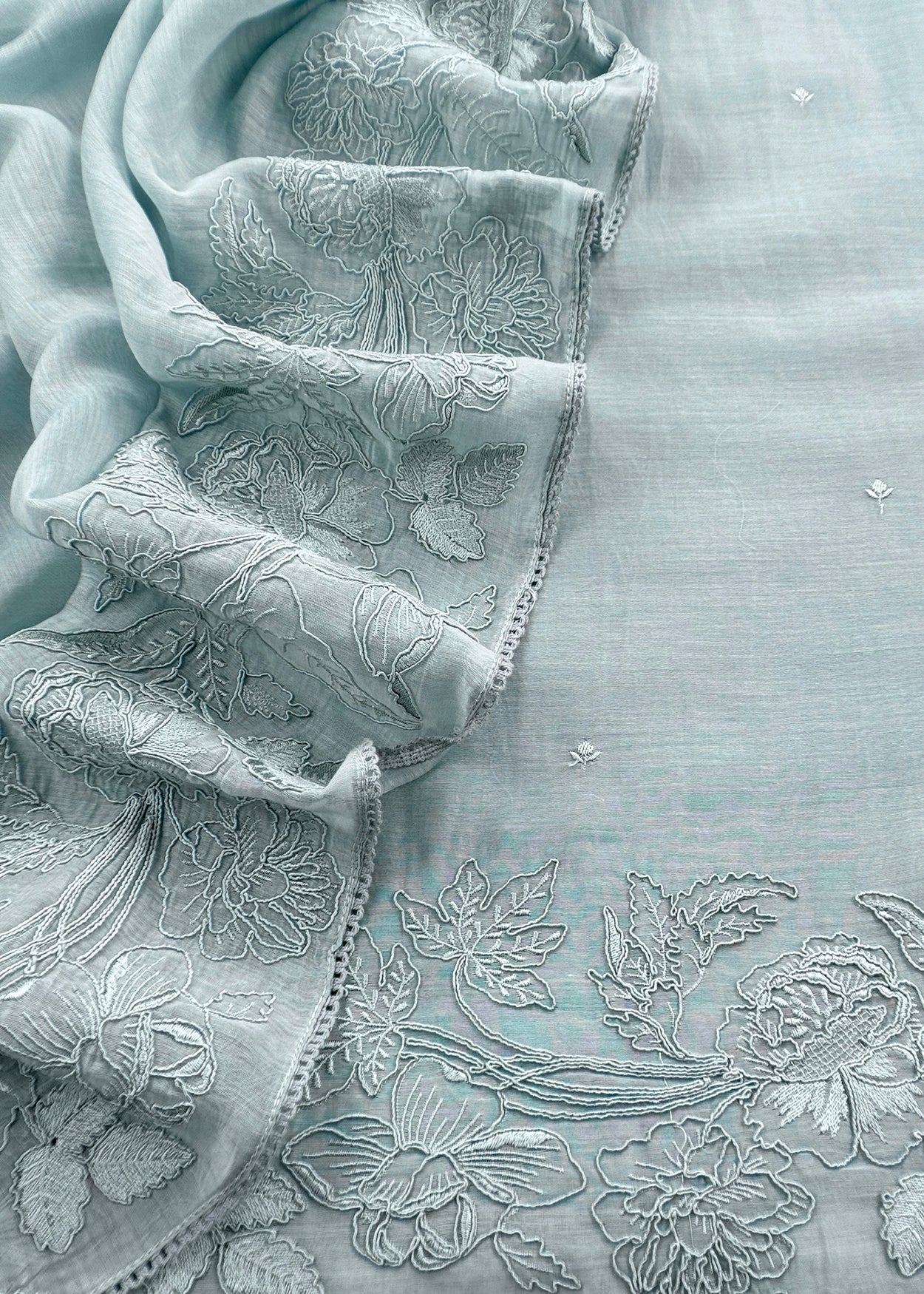 Kalasheel Luxe Powder Blue Handloom Mulmul Suit With Floral French Embroidery