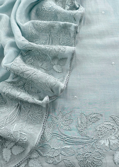 Kalasheel Luxe Powder Blue Handloom Mulmul Suit With Floral French Embroidery