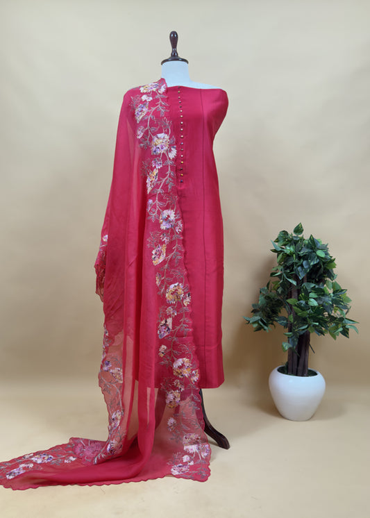 Raspberry Red Handwoven Silk kurta And Kora Silk Dupatta With Pitta And Appliqué Work