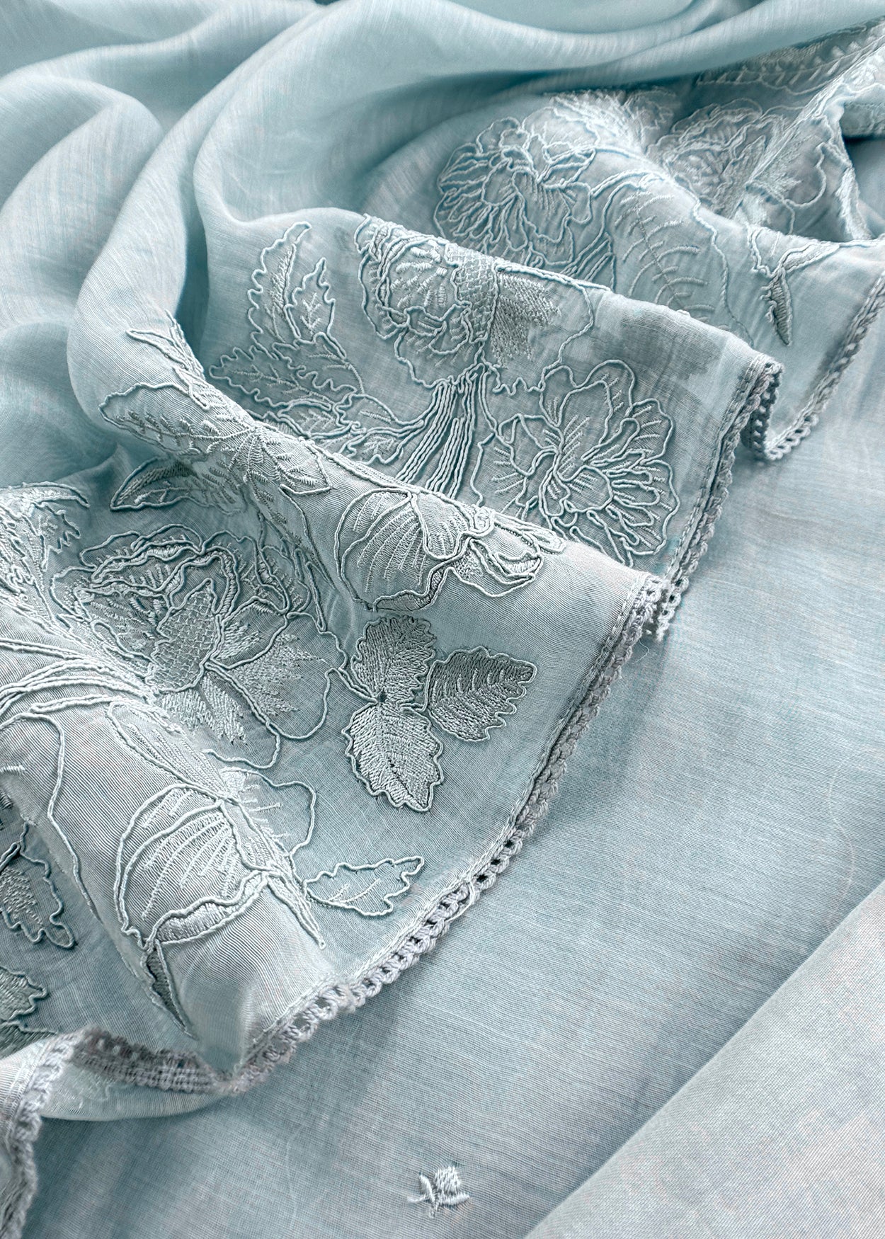 Kalasheel Luxe Powder Blue Handloom Mulmul Suit With Floral French Embroidery