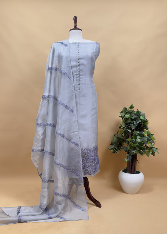 Azure Blue Handwoven Silk Kurta And Kora Silk Dupatta With Pitta And Appliqué Work