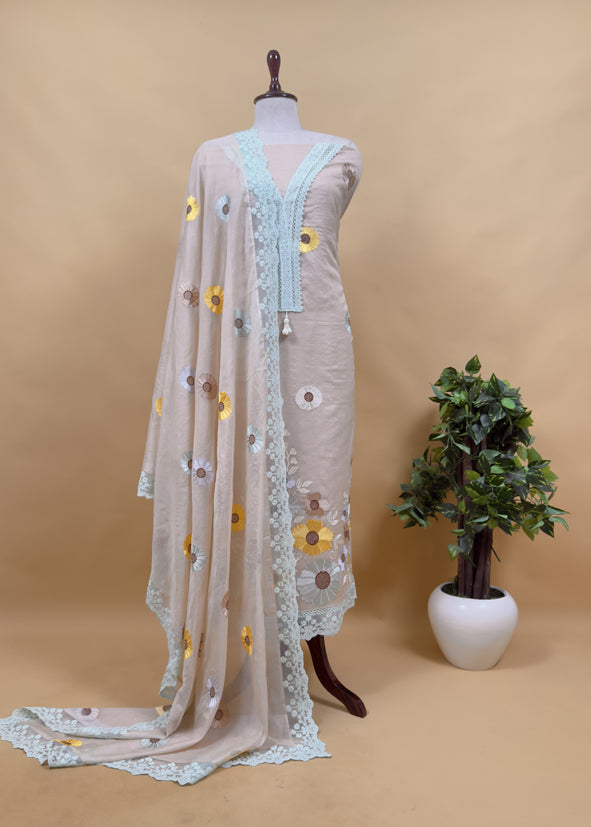 English Blue Pure Mulmul Suit Fabric With Sunflower Appliqué Work And Crochet Laces
