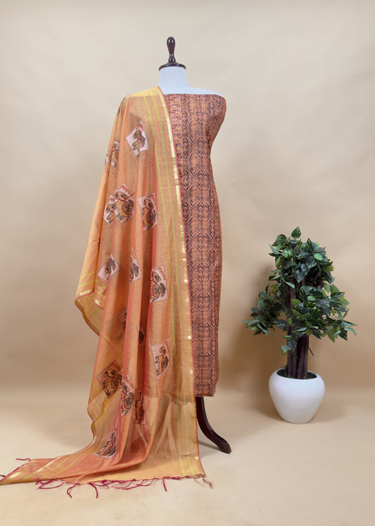 Carrot orange Haathi Chanderi Ikkat Kurta paired with Chanderi Tissue dupatta